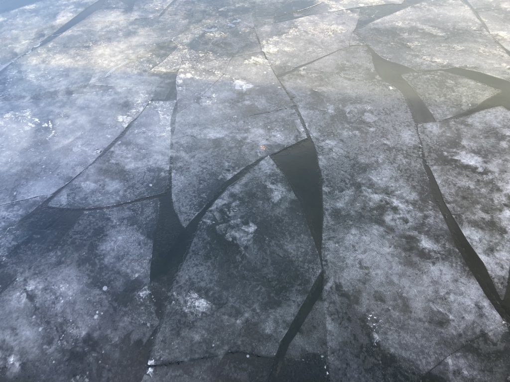 The surface of the mississippi river, up close. Thin slabs of ice, cracked with strips of cold water visible, cover the surface. Near the bottom of the frame, the ice looks dark gray and blue. At the top, it's white with a hint of brown.