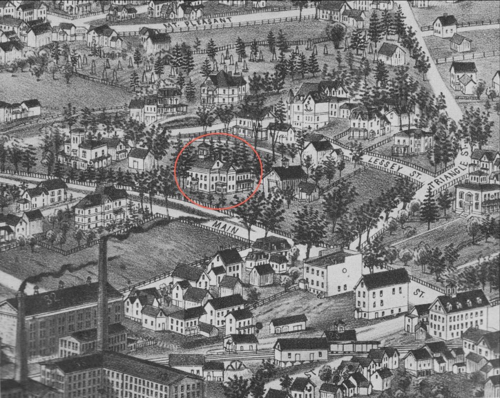 an old black and white image (lithograph?) of Amherst, with Emily Dickinson's house circled in red. The only way I'm able to see the circle is if I put the computer screen up to my face and look at it through my peripheral vision.