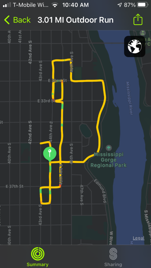 Screenshot of my running route, marked with yellow lines winding through the neighborhood--